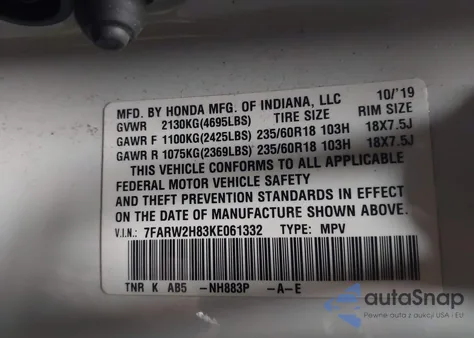 2019 Honda Cr-V Ex-L z USA, uszkodzony, nr VIN 7FARW2H83KE061332